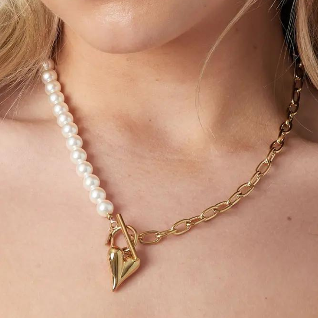 Parelketting met hart goud