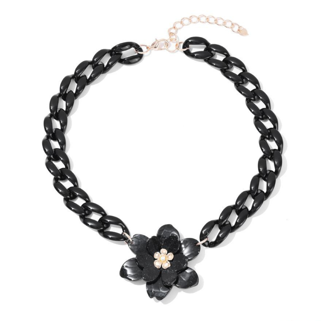 Zwarte schakelketting met bloem