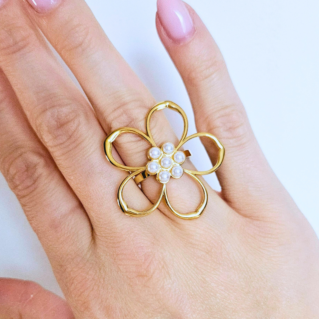 Grote bloem ring pareltjes