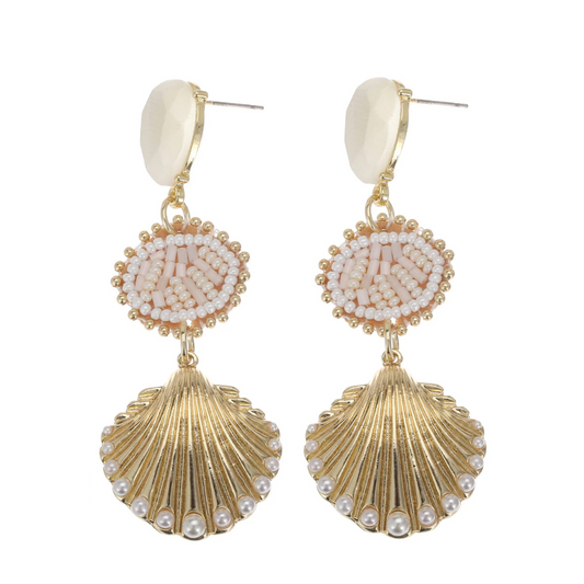 Gouden  schelp statement oorbellen ecru