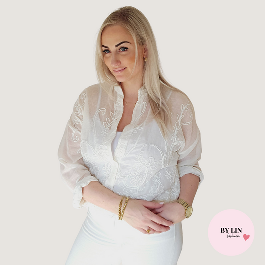 Linnen look blouse met borduursel