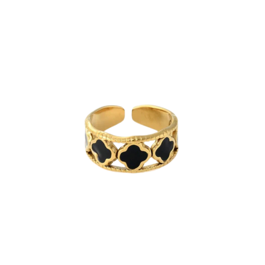 Goudkleurige ring met zwarte klavertjes