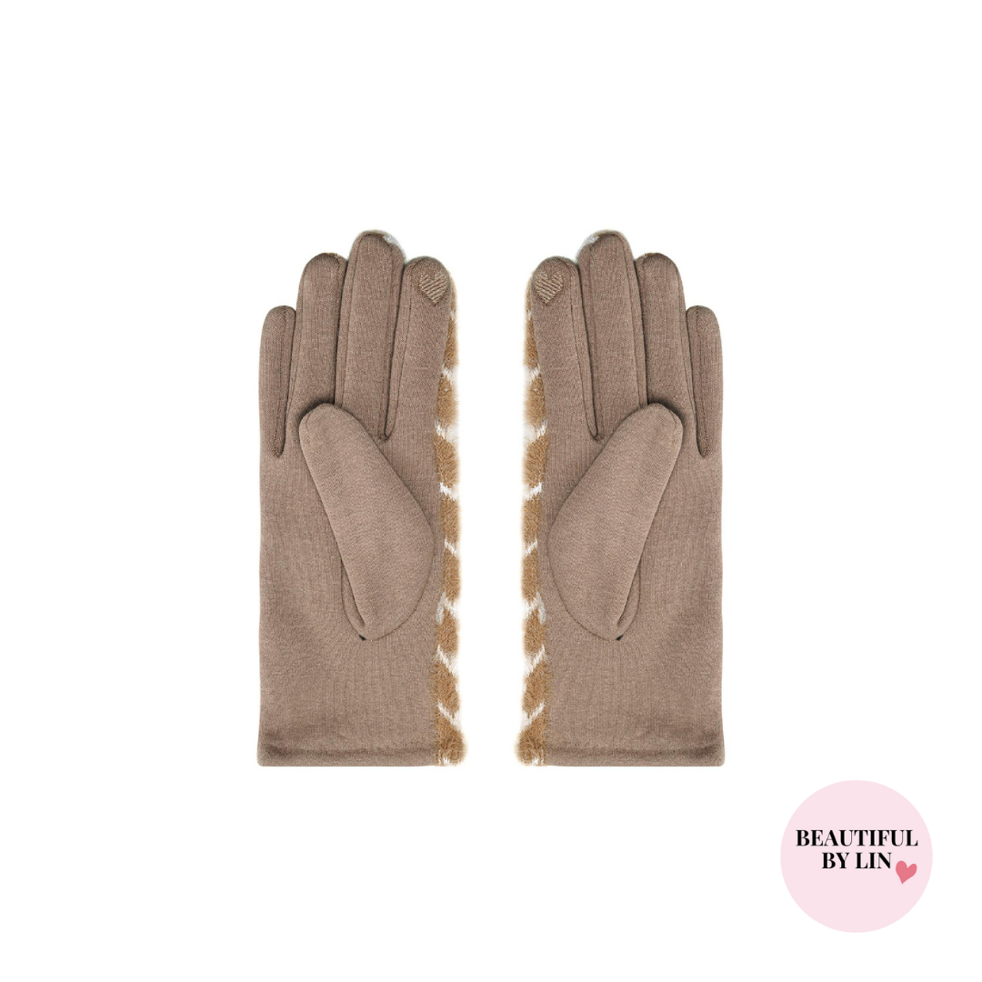 Zachte beige handschoenen Pied de poule